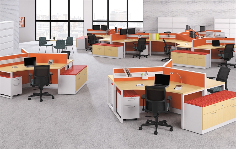 Orange accent open office workstations