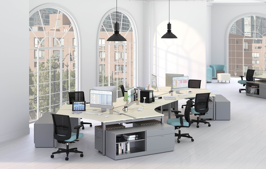 Bright office with arched windows