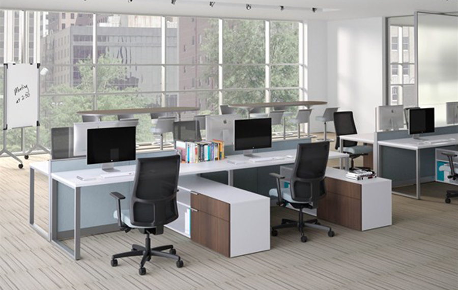 Modern desk arrangement with city view