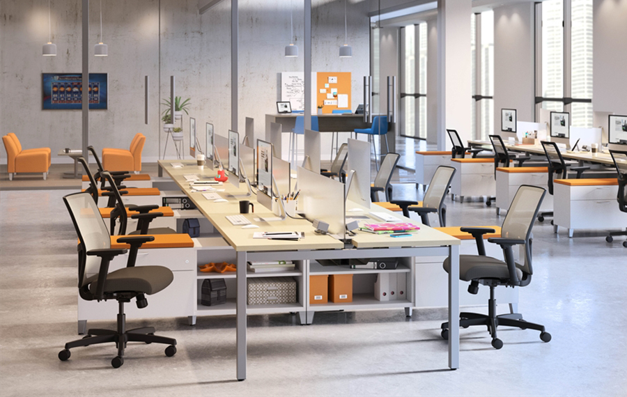 Large open office with multiple workstations